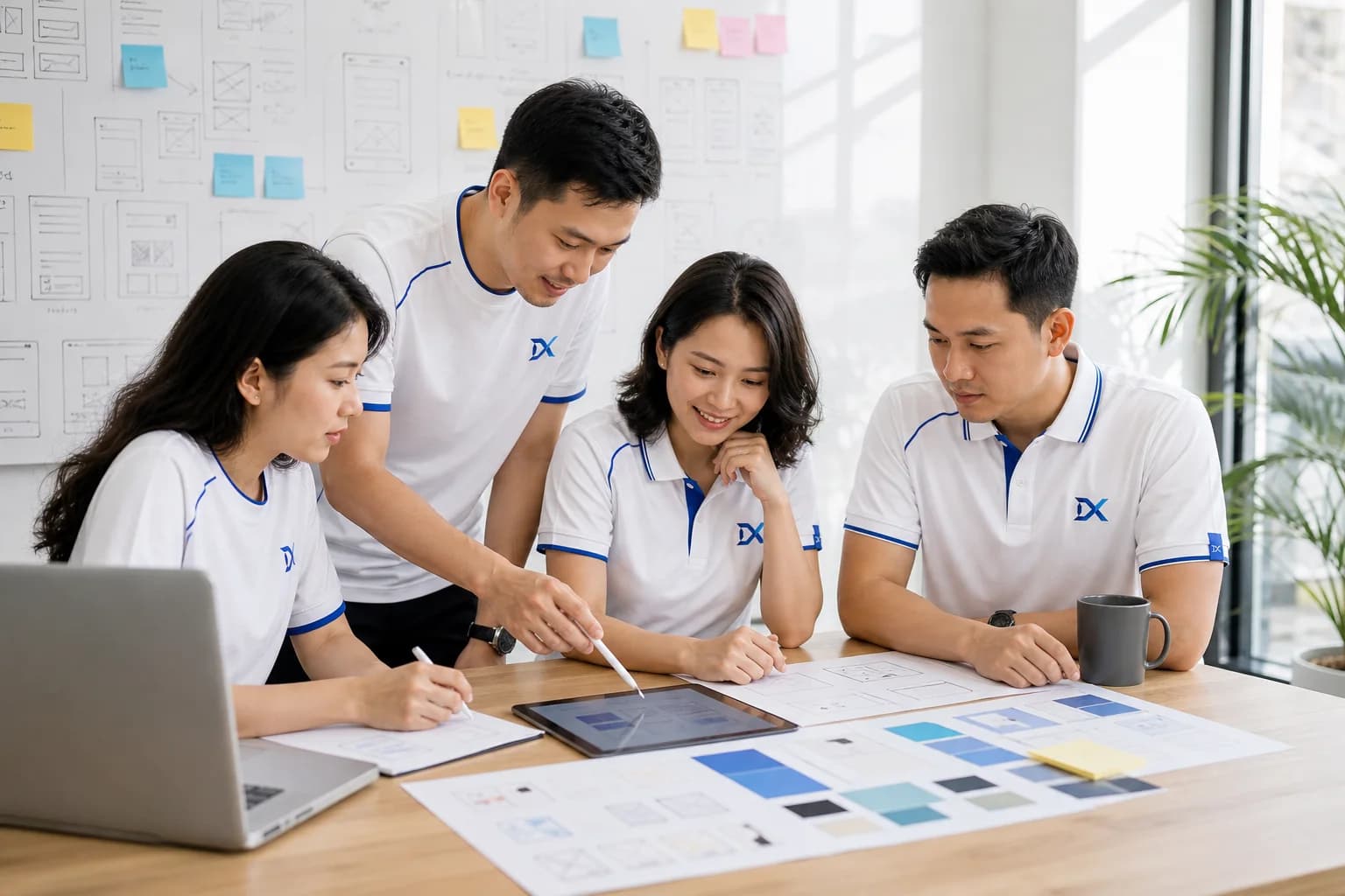 Đội ngũ sản phẩm DolphinX mặc đồng phục trắng xanh cùng thiết kế trải nghiệm số