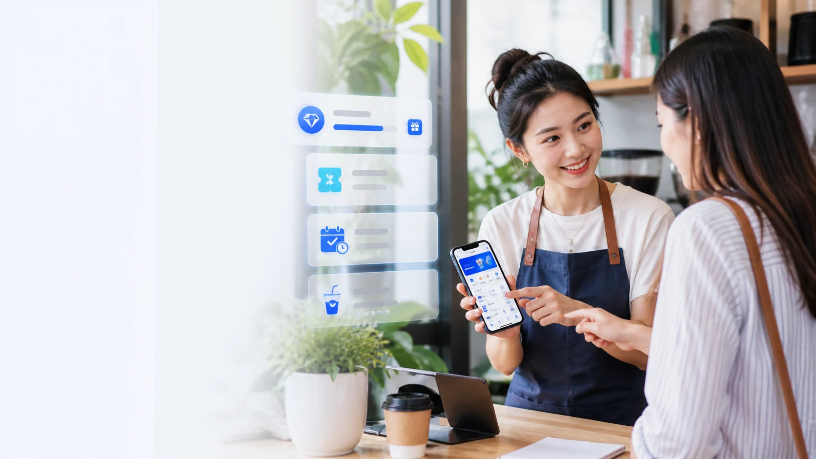 Nhân viên quán cà phê Việt Nam giới thiệu chương trình thành viên trên Mini App cho khách hàng