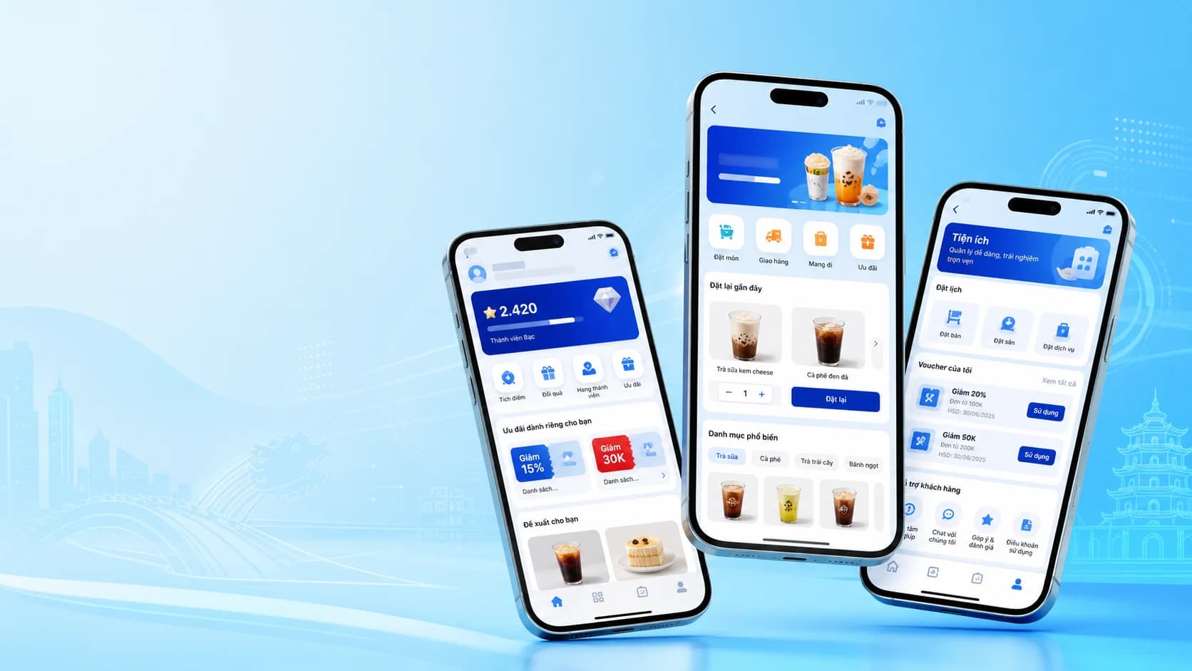 Ba màn hình điện thoại hiển thị trải nghiệm Zalo Mini App bán hàng, thành viên và đặt lịch