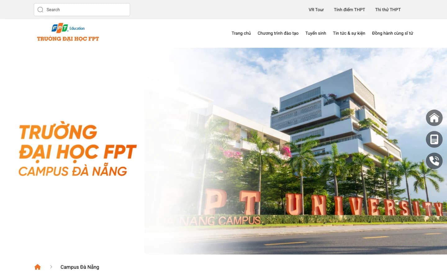Ảnh chụp giao diện website Trường Đại học FPT Campus Đà Nẵng với hình ảnh khuôn viên thực tế