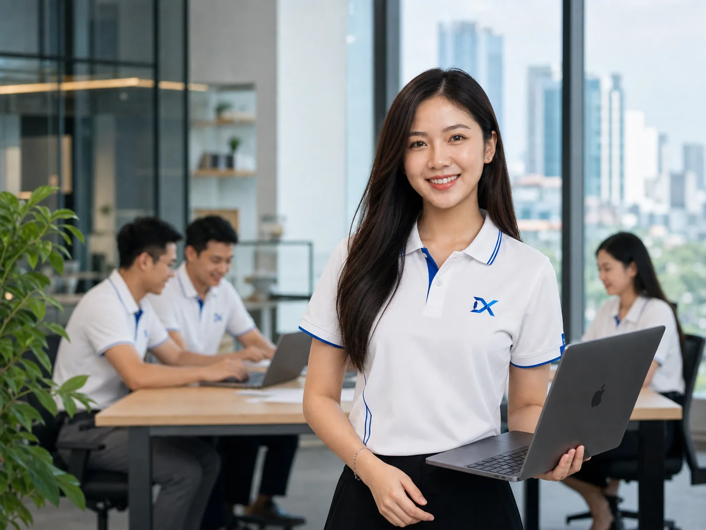 Nữ chuyên viên sản phẩm DolphinX Studio mặc đồng phục trắng xanh chính thức