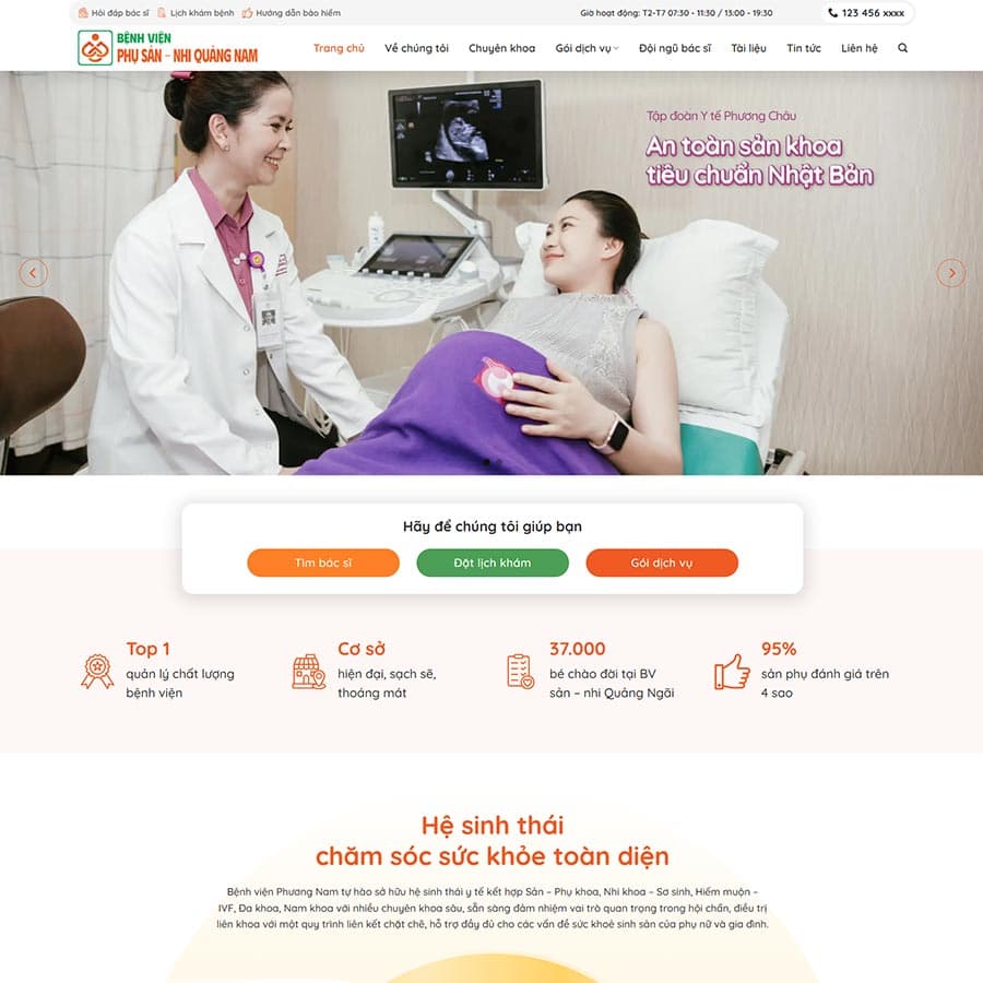 Ảnh chụp website bệnh viện với bác sĩ, bệnh nhân và lời kêu gọi hành động rõ ràng